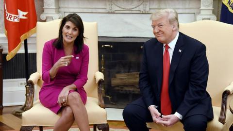 Former US President Donald Trump meets with US Ambassador to the UN Nikki Haley on 9 October 2018