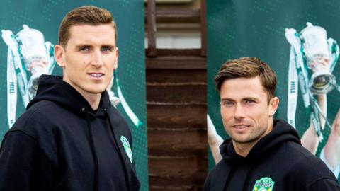 Paul Hanlon and Lewis Stevenson of Hibs