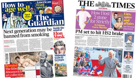 Guardian and Times front pages for 23/09/23