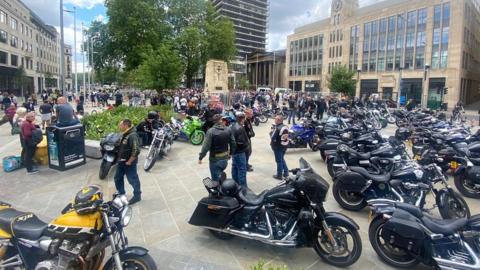 Bikers at the cenotaph in Bristol city centre