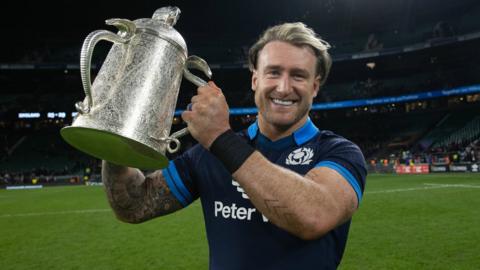 Stuart Hogg with the Calcutta Cup at Twickenham