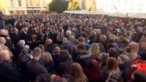 Crowds outside Guildhall in Cambridge