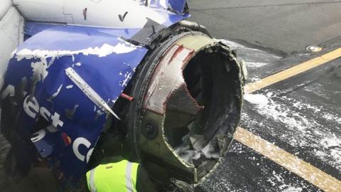 The damaged engine of a Southwest Airlines aircraft, 18 April 2018