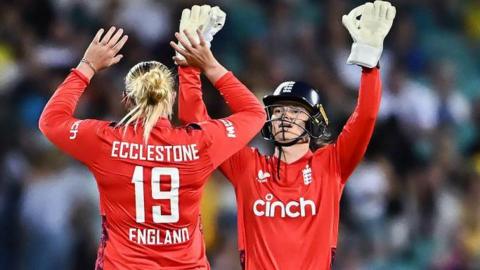 England's Sophie Ecclestone and Amy Jones celebrate a wicket