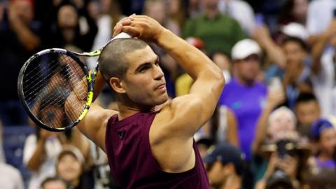 Carlos Alcaraz celebrates his US Open first-round win 