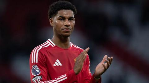 Marcus Rashford of Manchester United acknowledges the fans