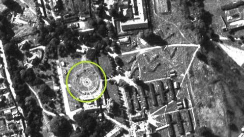 Crop of RAF 1945 photograph showing landscape features, one camouflaging the Battle of Britain Bunker
