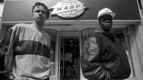 Nightmares On Wax, George Evelyn (left) and Kevin Harper (right) outside Warp Records