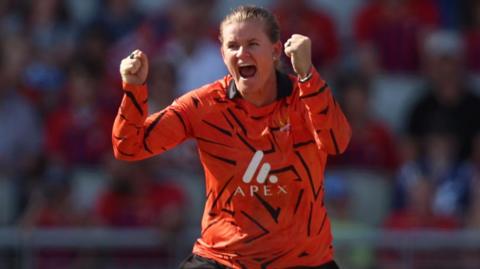 Jess Jonassen celebrates taking a wicket for Sunrisers Leeds 