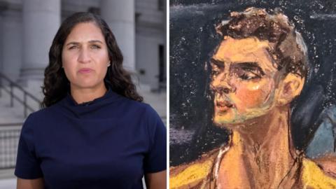 Split screen. Left, Nada Tawfik is seen. Right, a sketch of Luigi Mangione.