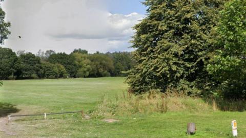 A grassy field with trees on the right hand side and trees in the distance