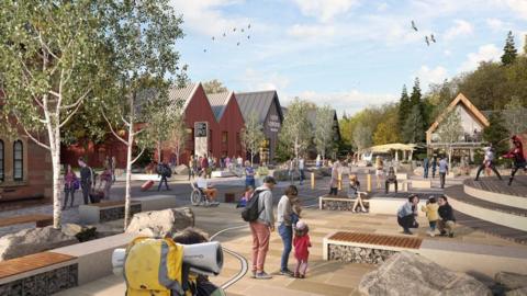 The proposed Lomond Bank development in Loch Lomond with people walking around an open space with benches and houses and light coloured pavement with trees in the distance