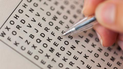 Person holding a pen completing a wordsearch puzzle