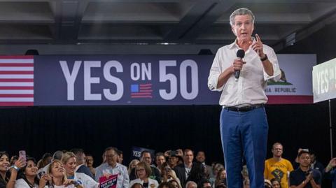 California Governor Gavin Newsom speaks at a "Yes On Prop 50" volunteer event at the LA Convention Center on November 1, 2025 in Los Angeles, California.