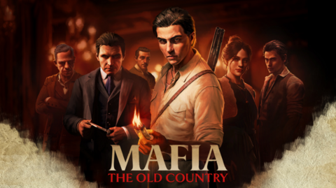 The image shows key art from the game Mafia: The Old Country; there are five people posed in the poster with one of them holding a weapon.