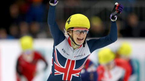 Elise Christie celebrates her victory during the ISU Short Track World Cup
