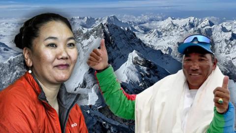 Photographs of Lhakpa Sherpa, a Nepalese woman wearing her hair in a bun and Kami Rita Sherpa a Nepalese man wearing a hat with sunglasses on his head are superimposed on a photo on Mount Everest's summit. 