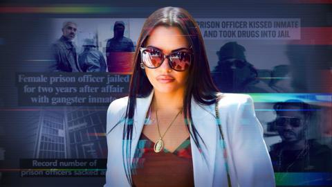 artwork for Behind Bars: Sex, Bribes and Murder. featuring woman in blue suit, brown top and sunglasses on her face. background has news paper headlines with images from the series