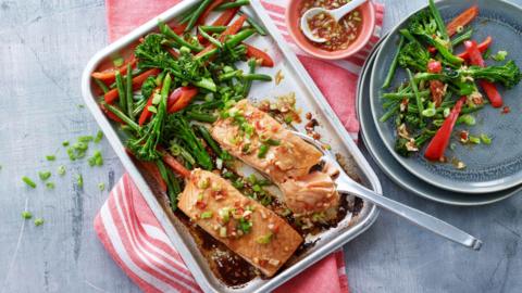 Salmon traybake with soy, chilli and lime.