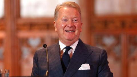 Boxing promoter Frank Warren looks on at a news conference