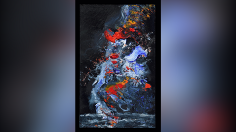 A photo of a painting by Maggi Hambling. It is made up of blue, red and yellow paint.