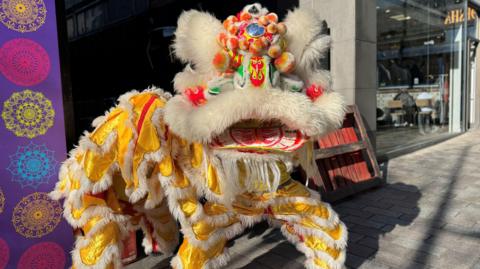 A traditional chinese lion dancer.