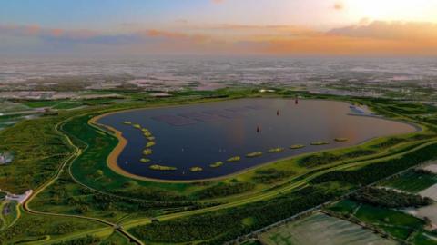 An artist's aerial view of how the new reservoir would look as the sun sets on the horizon.