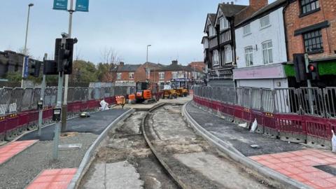 The exposed tram tracks in Braunstone Gate