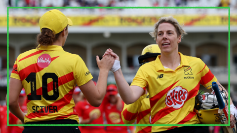 Trent Rockets players Nat Sciver (left) and Elyse Villani (right) high five