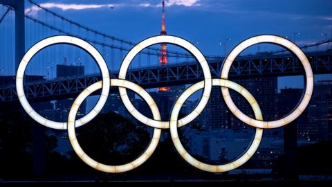 The Olympic rings on the Odaiba waterfront in Tokyo