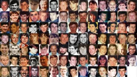 Montage of photographs of all of the 97 Liverpool fans who died as a result of the Hillsborough disaster on 15 April 1989.