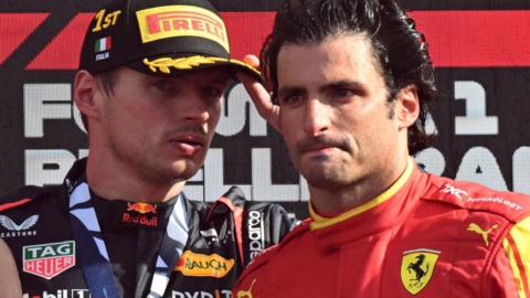 Red Bull's Max Verstappen and Carlos Sainz together on the Italian Grand Prix podium after they finished first and third respectively