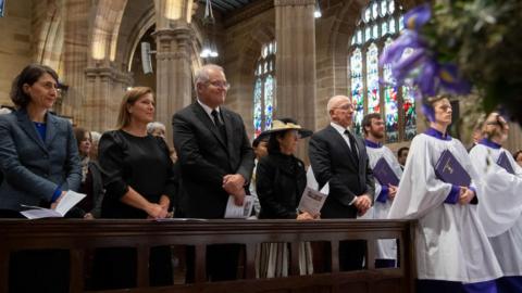 Image shows Australia PM Scott Morrison at the commemorative service