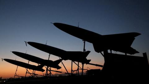 A view of drones during a military exercise in an undisclosed location in Iran