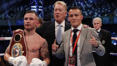 Carl Frampton with Frank Warren and Josh Warrington