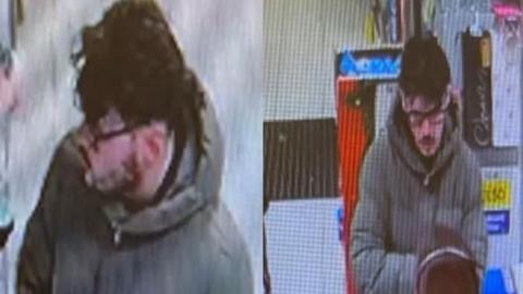 Two photographs of a man with dark hair and glasses, pictured standing inside a petrol station. 