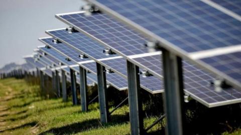 Rows of blue and white solar panels on metal struts in a field. The panels are blue with dozens of outlines made by white lines on the face of the panel and stand on grey metal legs on green grass.
