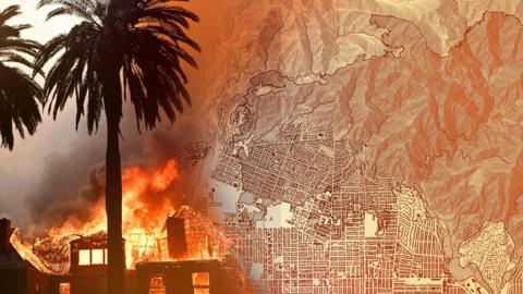 A treated image that shows a house burning behind a palm tree next to a map of Los Angeles 