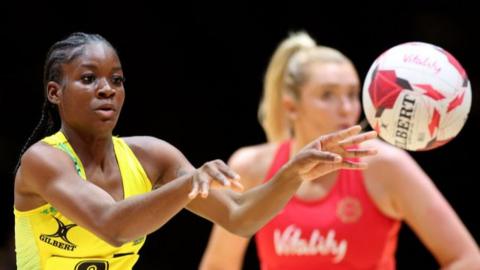 Jamaica Sunshine Girls' Crystal Plummer in action against England