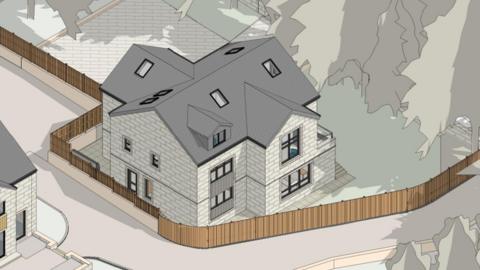 A digital mock-up of a house. It has many glass windows, three storeys and a fence around it. There are trees nearby on one side. In the background is what looks like a parking area.