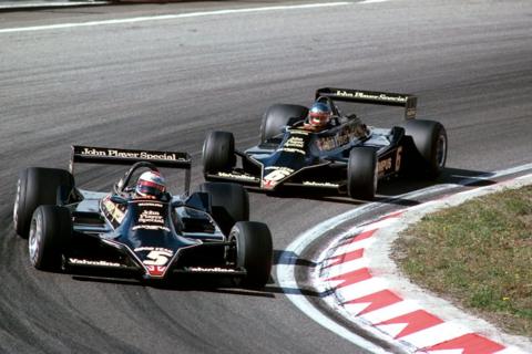 Mario Andretti leads Lotus team-mate Ronnie Peterson during the 1978 Dutch Grand Prix