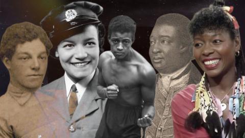 Image of Andrew Watson, Lillian Bader, Len Johnson, Ignatius Sancho and Floella Benjamin.