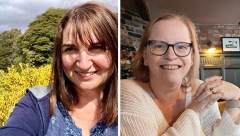 Two photos of two women side by side. The woman on the left has dark hair and is smiling in front of a yellow plant with trees in the background, she has a blue top on. The woman on the right is sat inside smiling at the camera in a white jumper, she has blond hair and glasses. 