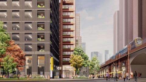 A digital rendering of the plans, including a new modern tower block and wooded areas, with pedestrians walking under adjacent railway arches over which runs a train. The Manchester skyline of skyscrapers can be seen in the distance. 