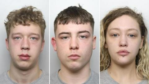 Mugshots of the killers who are all wearing a grey t-shirt. Griffin, on the left, has blond curly hair and blue eyes. Douglas has dark brown hair and a fringe. Moore has long curly hair which has been dyed blonde.