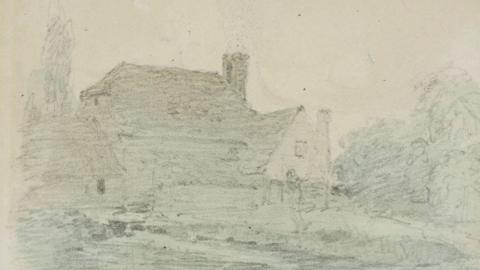 John Constable, Feering Bury Mill (pencil and wash on paper), 1816. Collection of the Victor Batte-Lay Foundation at the Minories Gallery. A hazy sketch on paper of a building, with a stream in front of it and trees to its side. 
