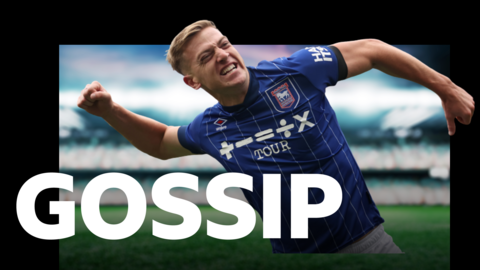 A graphic for gossip along with Liam Delap celebrating a goal for Ipswich Town