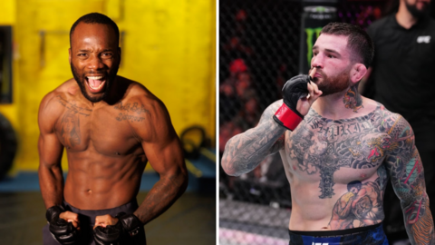Split image of a portrait picture of Leon Edwards in his UFC fight gear screaming into the camera, beside Sean Brady shushing the crowd after winning a fight
