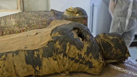 The mummy is seen lying down in place by casing