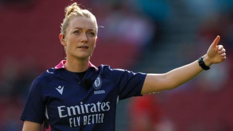 Hollie Davidson refereeing a Women's World Cup match between Canada and Australia